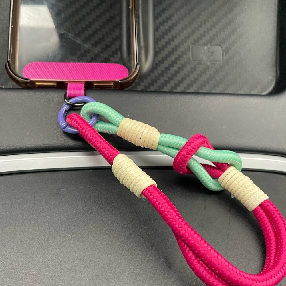 Phone Wrist Lanyard Bright Pink & Mint Rope with Purple Ring